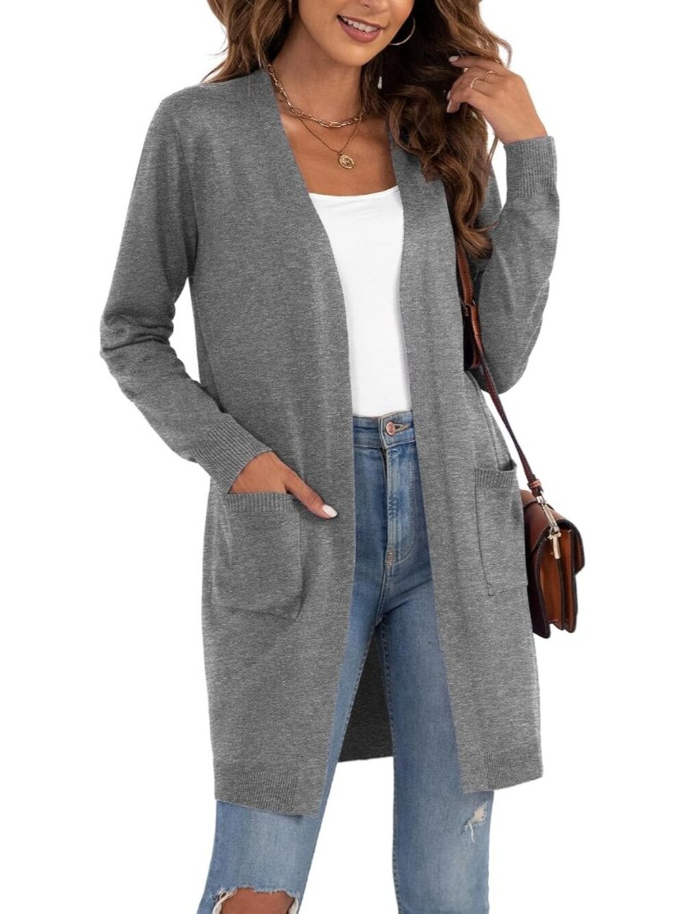 Women's Grey Classic Outwear Long Sleeve Open Front Cardigan Sweaters Coat